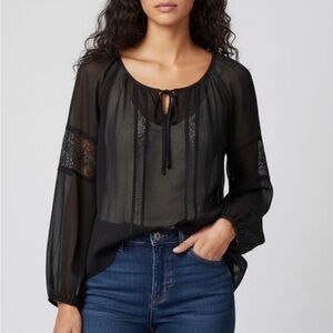 Princess Vera Wang Black Sheer Lace Blouse Peasant Boho Top Long Sleeve XS